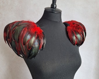 Red and back feather epaulette shoulder pieces, wings, feather shoulders