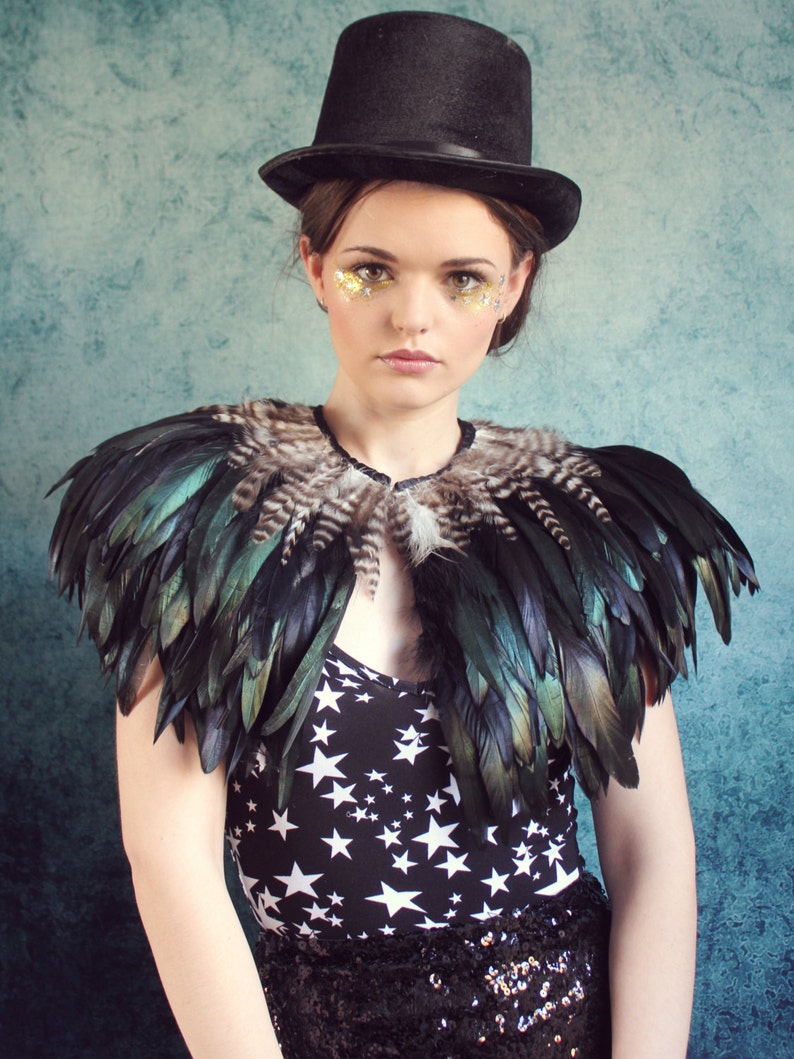 Black and natural feather shrug feathered capulet steampunk cape