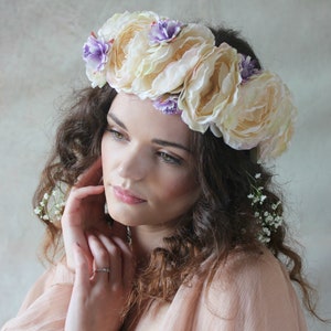 Cream and lilac flower crown, floral garland, wedding headpiece. image 2