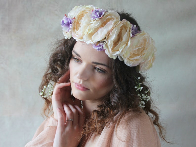 Cream and lilac flower crown, floral garland, wedding headpiece. image 2