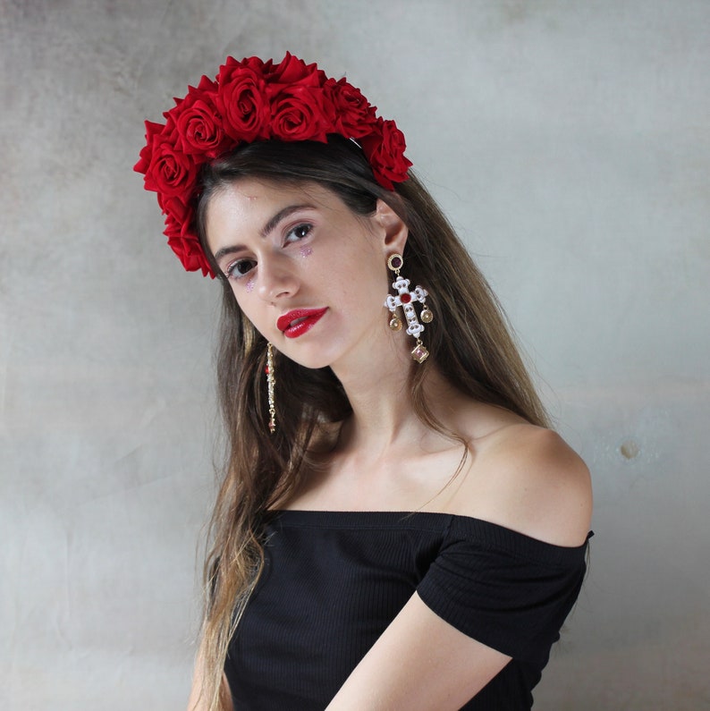 Red Frida Kahlo velvet flower hairband, flower crown, rose hairpiece, festival flowers image 1