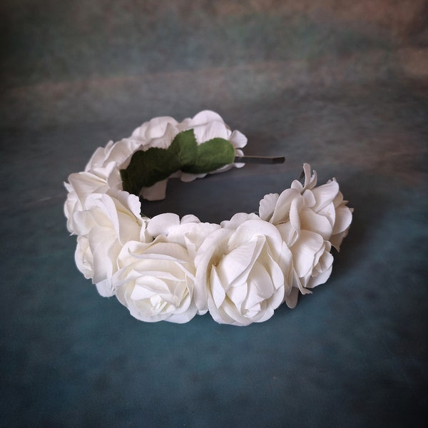 White velvet flower hairband, flower crown, rose hairpiece, festival flowers