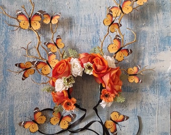 Woodland floral fawn and butterfly twig crown