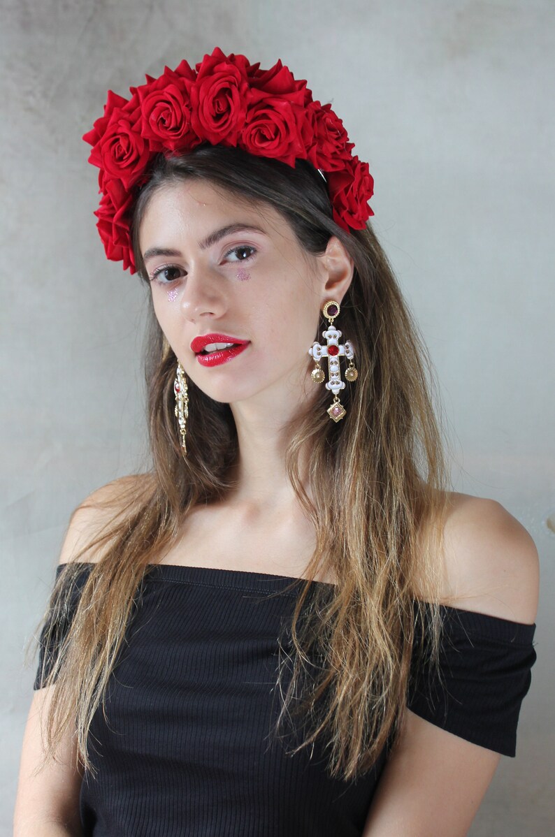 Red Frida Kahlo velvet flower hairband, flower crown, rose hairpiece, festival flowers image 7