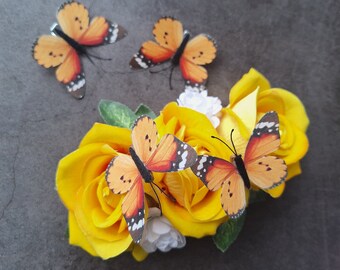 Monarch hair clip, yellow rose hair piece, butterfly clip, vintage flowers