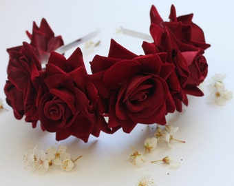 Dark red velvet flower hairband, flower crown, rose hairpiece, festival flowers