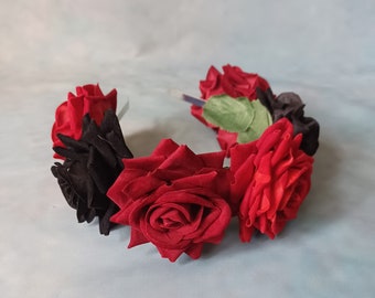 Black, maroon and red velvet flower hairband, flower crown, rose hairpiece, festival flowers