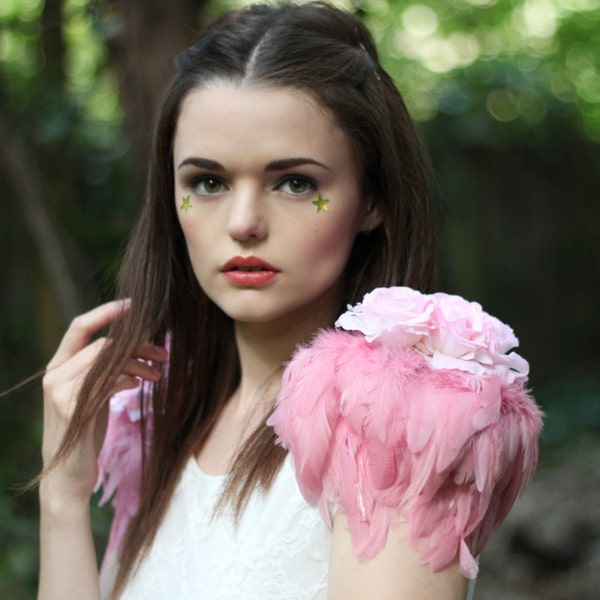 Rose and feather shoulder pieces, floral feather wings,pastel  pink wings, white swan, rose shoulder pieces