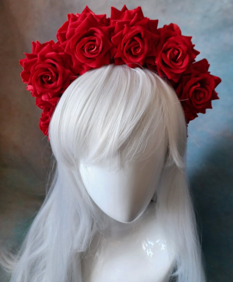 Red Frida Kahlo velvet flower hairband, flower crown, rose hairpiece, festival flowers image 3