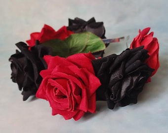 Black and red velvet flower hairband, flower crown, rose hairpiece, festival flowers