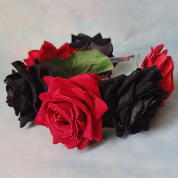 Black and red velvet flower hairband, flower crown, rose hairpiece, festival flowers