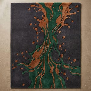 Hand Tufted Abstract Rug, Green Copper Splash Pattern, Charcoal Wool Area Rug, Modern Statement Home Decor Rug