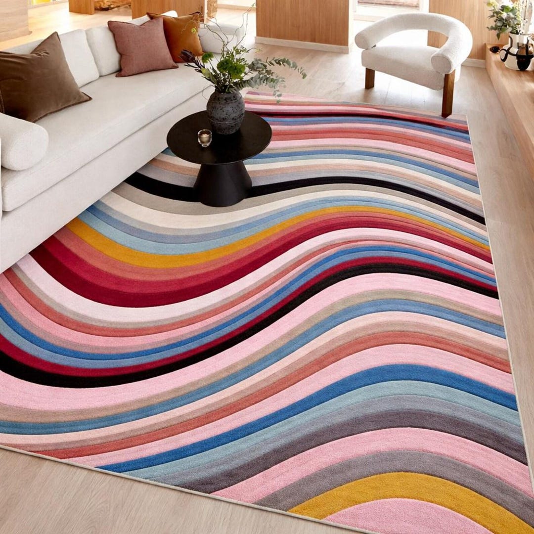 Colorful Wave Wool Area Rug Hand Tufted, Abstract Modern Carpet ...