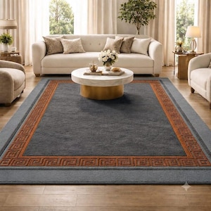 Hand Tufted Wool Area Rug, Gray and Rust Greek Key Border Rug, Modern Geometric Carpet, Luxury Living Room Floor Decor