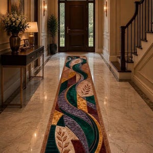 May include: A long rectangular runner rug featuring a multi-colored abstract pattern with flowing curves, geometric shapes, and stylized leaf motifs in shades of deep green, burgundy, gold, and cream, laid out on a polished marble floor.
