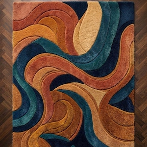 May include: A rectangular area rug featuring a high-pile texture with a multi-layered, abstract pattern of flowing, curved lines. The design incorporates a rich color palette of deep navy blue, burnt orange, mustard yellow, and teal green.