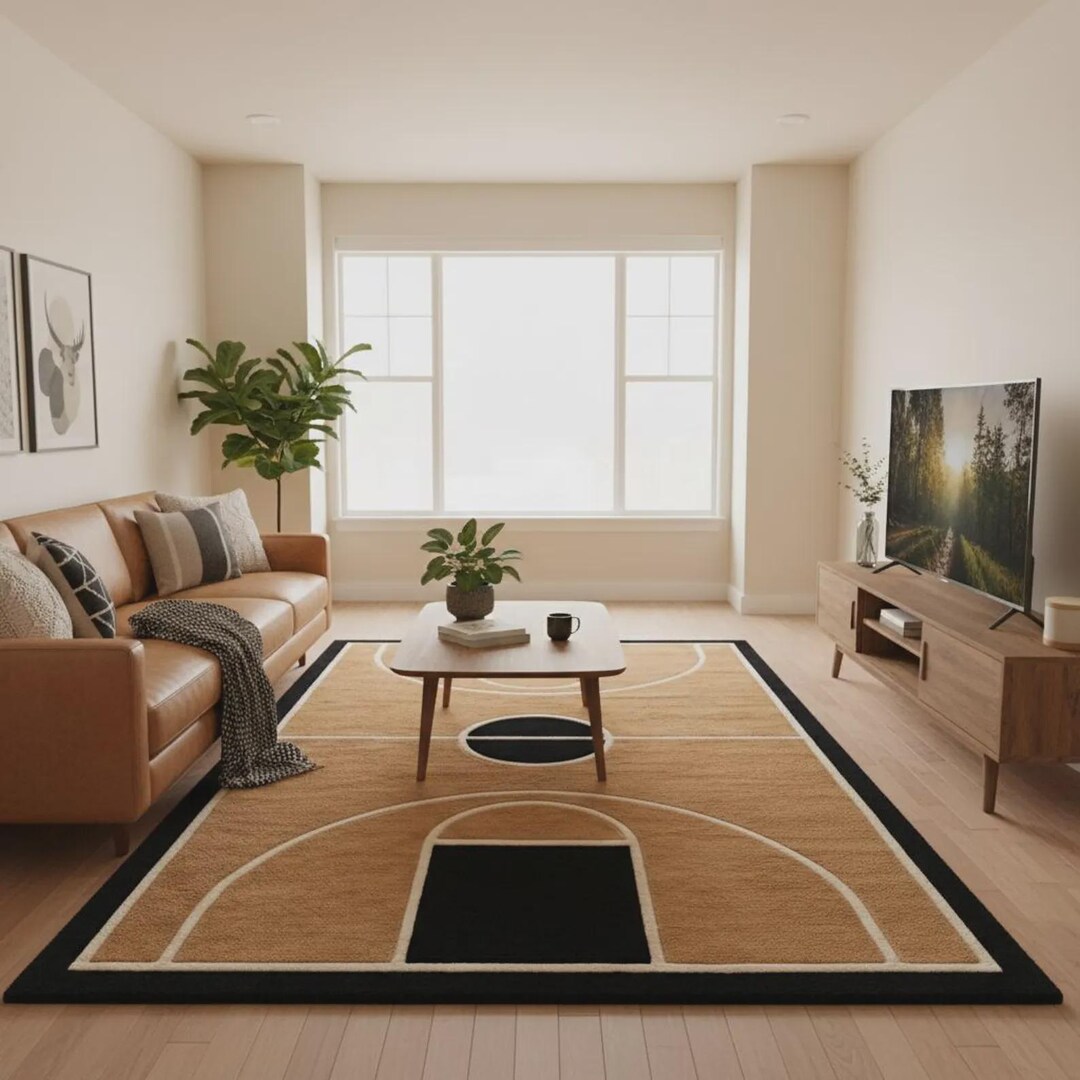 Hand-tufted Basketball Court Rug, Wool Area Rug, Geometric Design, 100% ...