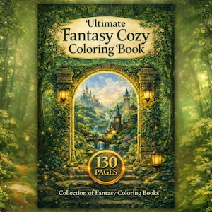 Op de afbeelding: Een fantasy kleurboek getiteld "Ultimate Fantasy Cozy Coloring Book" met 130 pagina's. De omslag toont een gewelfde stenen ingang met uitzicht op een kasteel en een waterval. Het boek is omgeven door weelderig groen en gloeiende lichten.
