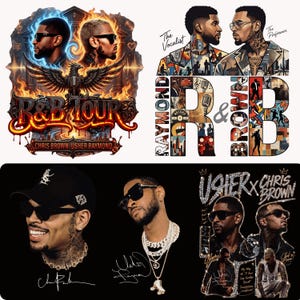 May include: A collection of promotional graphics featuring Chris Brown and Usher Raymond. The images include tour posters with the text "R&B Tour" and portraits of the artists. Other graphics include the text "R&B" and artist signatures.