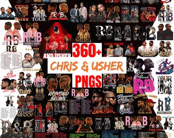 May include: A collage of images featuring Chris Brown and Usher, with text overlays including "R&B Tour," "Raymond & Brown," and "360+ PNGS." The images showcase various concert posters and promotional materials.