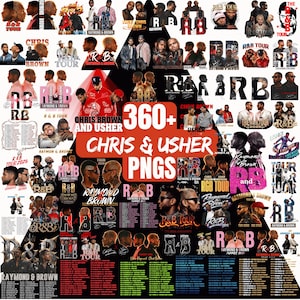 Könnte beinhalten: Eine Collage von Bildern mit Chris Brown und Usher, mit dem Text "360+ CHRIS & USHER PNGS" in großen, fetten Buchstaben. Die Bilder umfassen Tourplakate, Porträts und die Buchstaben "R&B" in verschiedenen Designs. Das Farbschema ist hauptsächlich rot, schwarz und weiß.