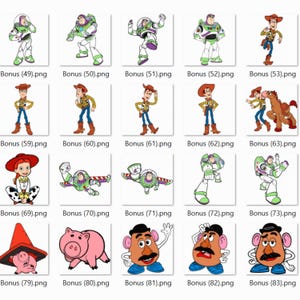 May include: A collection of cartoon character illustrations from the Toy Story franchise. The images include Buzz Lightyear, Woody, Jessie, Mr. Potato Head, and Hamm. Each character is depicted in various poses and actions, with a white background.