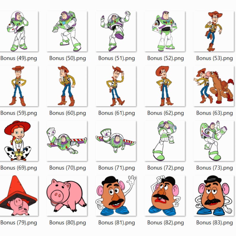 May include: A collection of cartoon character illustrations from the Toy Story franchise. The images include Buzz Lightyear, Woody, Jessie, Mr. Potato Head, and Hamm. Each character is depicted in various poses and actions, with a white background.