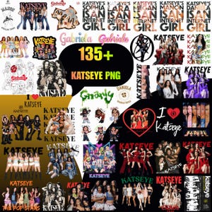 以下が含まれることがあります： KATSEYEのPNGグラフィックのコレクション。グループ、個々のメンバー、関連テキストのさまざまな画像が特徴です。画像には、グループ写真、イラスト、「135+」や「I ❤️ KATSEYE」などのテキスト要素が含まれています。
