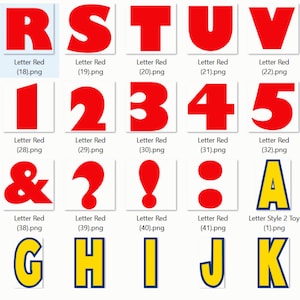 May include: A collection of red letters, numbers, and symbols, including the letters R, S, T, U, V, and the numbers 1, 2, 3, 4, 5. Also includes an ampersand, question mark, exclamation point, and a pair of dots. The letter A is yellow with a blue border.