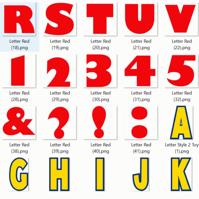 May include: A collection of red letters, numbers, and symbols, including the letters R, S, T, U, V, and the numbers 1, 2, 3, 4, 5. Also includes an ampersand, question mark, exclamation point, and a pair of dots. The letter A is yellow with a blue border.