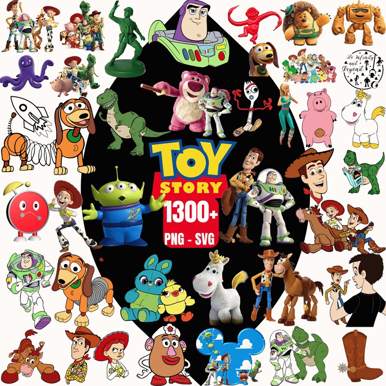 May include: A collection of colorful Toy Story character images, including Woody, Buzz Lightyear, and others. The image features the text "Toy Story 1300+ PNG - SVG". The characters are in various poses and styles, suitable for digital art projects.
