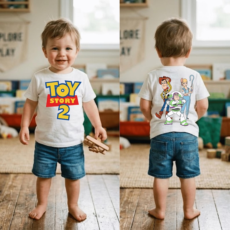 May include: A white t-shirt with the words "TOY STORY 2" in yellow, red, and blue. The back of the shirt features cartoon characters Woody, Buzz Lightyear, and others. The shirt is paired with blue denim shorts.