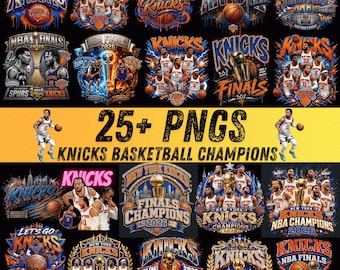 Puede incluir: Una colección digital de más de 25 diseños gráficos PNG que presentan al equipo de baloncesto New York Knicks, incluyendo temas de campeonato, ilustraciones de jugadores, logotipos de equipos, balones y el texto 25+ PNGS KNICKS BASKETBALL CHAMPIONS.