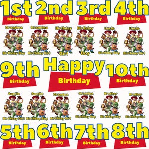 May include: A collection of birthday-themed graphics featuring characters from a popular animated movie. The designs include text such as "1st", "2nd", "3rd", "4th", "5th", "6th", "7th", "8th", "9th", and "10th" birthdays, along with various family member titles.