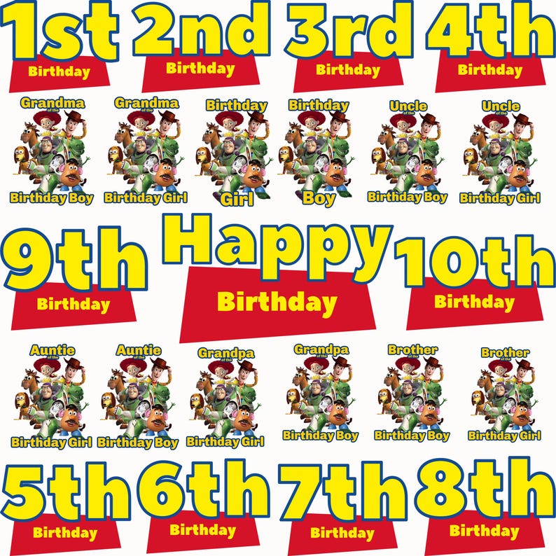 May include: A collection of birthday-themed graphics featuring characters from a popular animated movie. The designs include text such as "1st", "2nd", "3rd", "4th", "5th", "6th", "7th", "8th", "9th", and "10th" birthdays, along with various family member titles.