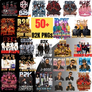 May include: A collection of digital PNG images featuring the musical group B2K. The images include various designs with the band's name, tour logos, and individual member portraits. The text "50+ B2K PNGS" is also visible.