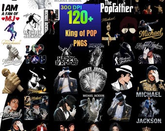 Puede incluir: Una colección de gráficos PNG con temática de Michael Jackson. Las imágenes incluyen retratos, gestos con las manos y elementos de texto como "King of Pop", "Michael Jackson" y "I am a fan of MJ". La paleta de colores es principalmente negra, blanca y dorada.