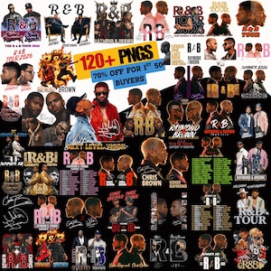 May include: A collage of R&B-themed graphics, featuring images of Usher, Chris Brown, and Raymond Brown. The design includes tour dates, promotional text, and the phrase "120+ PNGS." The color scheme is predominantly black, red, and white.