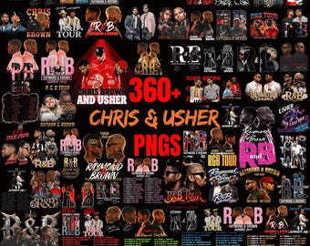 Puede incluir: Un collage digital que presenta numerosas imágenes promocionales, carteles de giras y diseños gráficos de Chris Brown y Usher. La colección incluye elementos de texto como R&B TOUR, RAYMOND & BROWN, 360+ PNGS y varias fechas de conciertos.