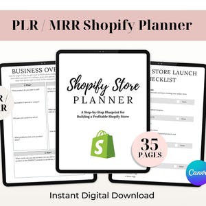 Könnte beinhalten: Digitaler Shopify Store Planner, dargestellt auf drei Tablets. Das zentrale Tablet zeigt den Titel "Shopify Store Planner" mit einem grünen Einkaufstaschen-Symbol. Das Bild enthält den Text "Instant Digital Download" und weist 35 Seiten auf.