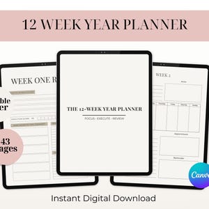 May include: A digital planner with a black border, displaying the text "12 WEEK YEAR PLANNER." The planner includes pages for weekly and goal planning, with the text "FOCUS - EXECUTE - REVIEW." Additional text includes "editable cover," "43 pages," and "Instant Digital Download."
