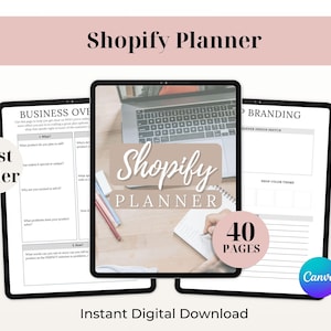 Può includere: Un Shopify Planner digitale visualizzato su tre tablet. Il tablet centrale presenta il testo "Shopify Planner" e un laptop. Gli altri tablet mostrano pagine per la panoramica aziendale e il branding. L'immagine include anche il testo "Best Seller", "40 Pages" e "Instant Digital Download".