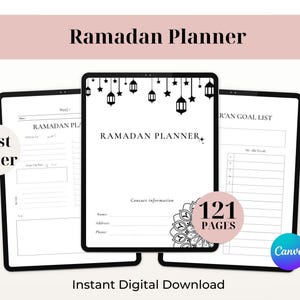 May include: A digital Ramadan Planner with a white background, featuring three tablets displaying planner pages. The central tablet shows the title "Ramadan Planner" with hanging lantern illustrations. The planner includes 121 pages and is available for instant digital download.