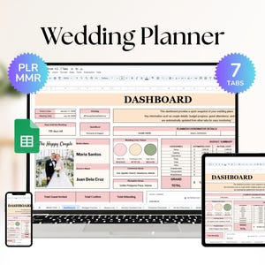 May include: A digital wedding planner dashboard displayed on a laptop, tablet, and smartphone. The dashboard features pink and white sections with the text "Dashboard" and "Wedding Planner." The image includes the text "PLR MMR" and "7 TABS."