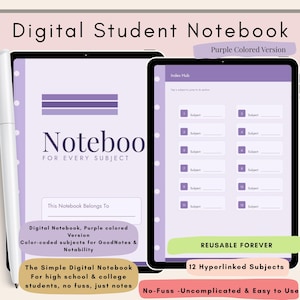 Peut inclure: Un carnet de notes numérique pour étudiant dans des tons violets affiché sur deux écrans de tablette. L'interface comprend un index avec 12 sujets hyperliés, une page de couverture avec le texte Notebook For Every Subject et un stylet blanc.