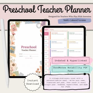 Peut inclure: Un planificateur numérique pour enseignant de maternelle affiché sur deux tablettes avec un stylet. La couverture présente des éléments de papeterie floraux vintage, tandis que l'intérieur montre un tableau de bord avec des sections de planification.