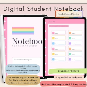 May include: A digital student notebook displayed on two tablet screens. The cover features a rainbow stripe, the text 'Notebook FOR EVERY SUBJECT', and a 'This Notebook Belongs To' field. The index page shows twelve color-coded subject boxes.