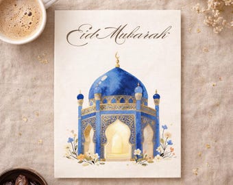 Tarjeta plegable imprimible para Ramadán Mubarak: elegante tarjeta de felicitación para Eid, descarga instantánea (azul)