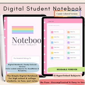 May include: A digital student notebook displayed on two tablet screens with a white stylus. The cover features a rainbow stripe and the text Notebook For Every Subject. The index page shows twelve color-coded subject buttons and an Index Hub header.