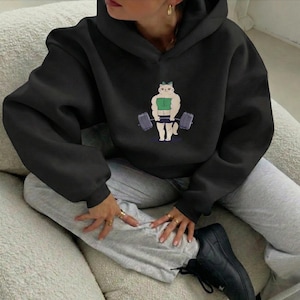 Buff Cat Hoodie, Funny Green Gym Sweatshirt, Tough Weightlifting Kitty, 90s Cartoon Aesthetic, Strong Cat, Muscle Pet Pump Cover